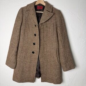 Super Hakka Japan Harris Tweed Wool Coat Womens M Brown Houndstooth Peacoat VTG